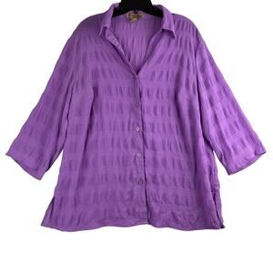 Notations Button Front Blouse Women's 1X 3/4 Sleeve Purple Lightweight Textured